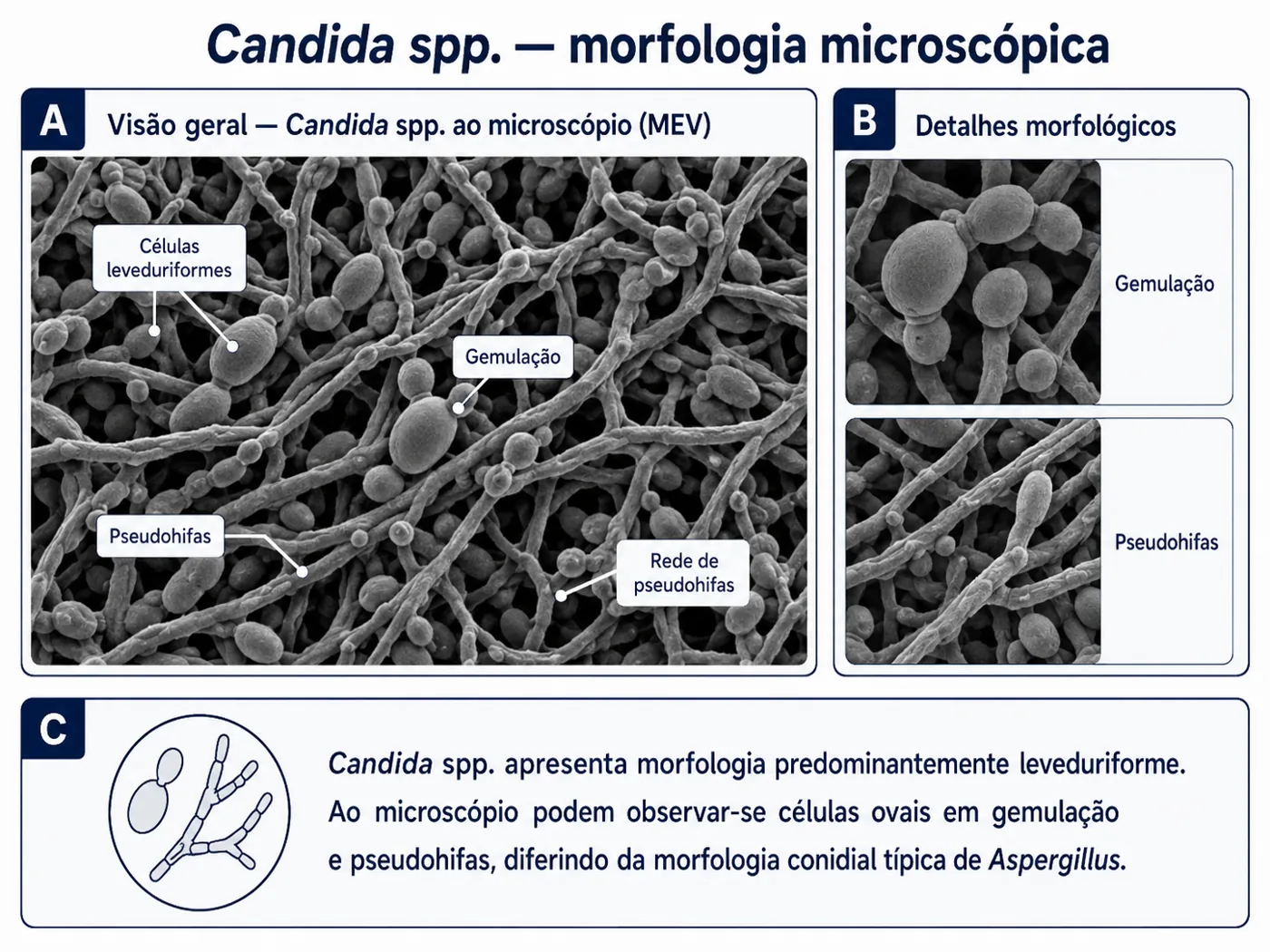 Microscopic morphology of Candida spp. with yeast-like cells, budding and pseudohyphae
