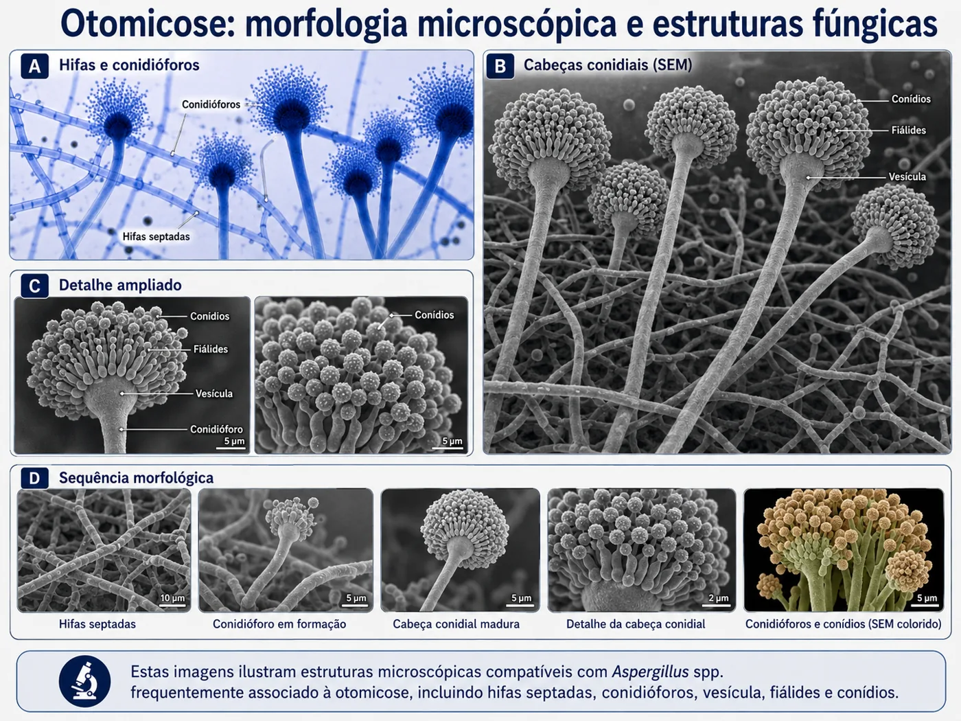 Microscopic morphology of Aspergillus spp. with hyphae, conidiophores, vesicle, phialides and conidia