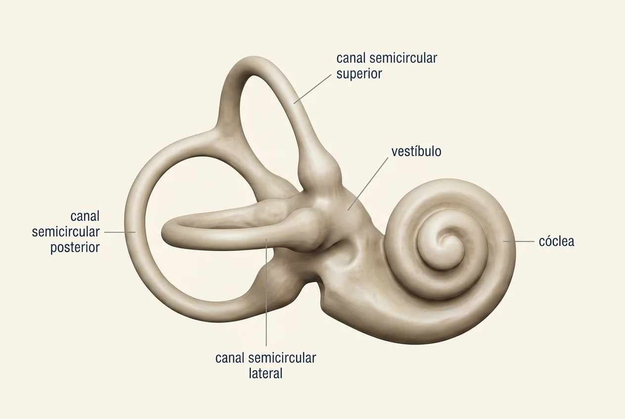 Labirinto ósseo do ouvido interno em vista lateral 3D: canal semicircular superior, posterior e lateral, vestíbulo e cóclea