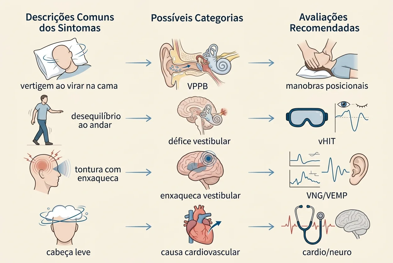 Mapa educativo: sintomas de vertigem, causas prováveis e avaliações vestibulares