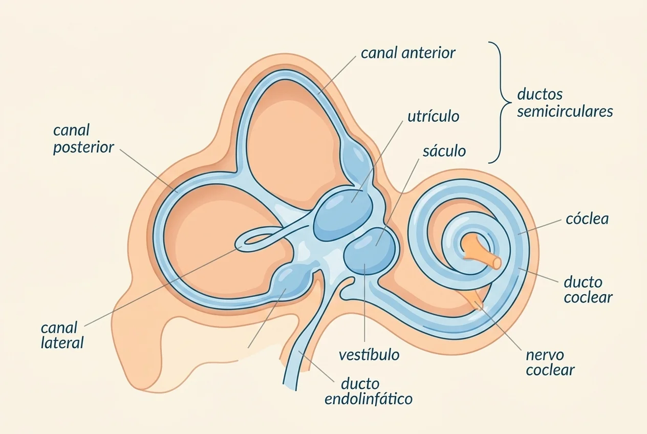 Sistema vestibular com canais semicirculares, utrículo e sáculo no estudo das vertigens