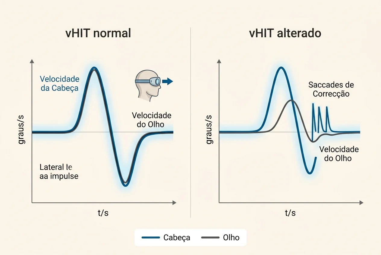 vHIT normal vs vHIT alterado — exemplo educativo